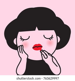 Mood Of Young Woman Applying Red Lipstick Concept Card Character illustration