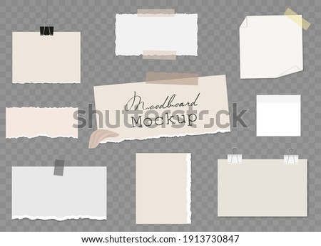 Moodboard Blank template with different notes on sticky tape and binder clips, pieces of torn paper, reminder card. Mockup on transparent background. Vector 3d realistic. EPS10.