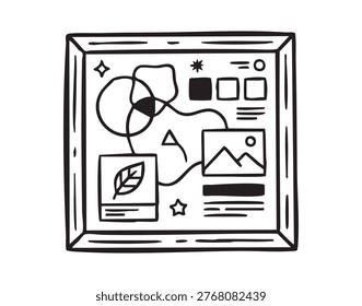 Moodboard collage showing design elements and metrics, featuring color wheel, photo thumbnails, pie chart, leaf icon and layout sketches conveys sustainable branding, creative planning and visual