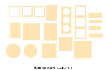 Moodboard elements vector set. Square, rectangle frames, circle fabric swatches, color palette stamp. Vector illustration. Mood board creator kit.