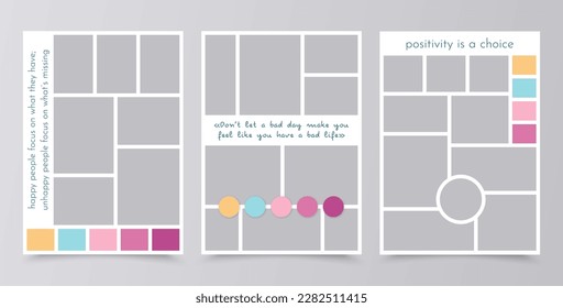 Moodboard grid. Collage layouts. Mood board background. Set photomontage pictures templates. Mosaic frames. Album scrapbook card. Vertical mockups with colour palette and quote. Vector illustration