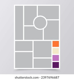 Moodboard grid. Collage template. Blank mood board. Layout design photos. Mosaic album frames. Vertical design of mockup. Gallery poster with colour palette. Vector illustration. Simple poster
