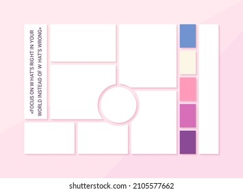 Moodboard grid. Collage template. Mood board background. Photomontage pictures layout with colour palette. Album design. Mosaic frames. Branding presentation. Horizontal mockup. Vector illustration