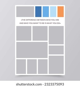 Moodboard grid. Collage template. Mood board background. Photomontage pictures layout. Set mosaic frames. Vertical mockups with colour palette and quote. Album scrapbook card. Vector illustration