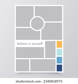 Moodboard grid. Collage template. Mood board background. Photomontage pictures layout. Banner with mosaic frames. Album scrapbook design. Mockup with circle, colour palette, quote. Vector illustration