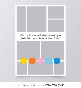Moodboard grid. Collage template. Mood board background. Photomontage pictures layout. Set mosaic frames. Photo album design. Vertical mockup with colour palette and quote. Vector illustration.