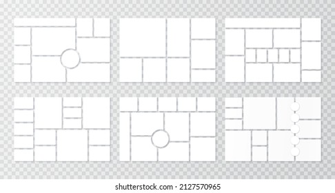 Moodboard grid. Collage template. Set of mood board layouts. Frame banner with photo pictures. Photography album. Mosaic horizontal backgrounds. Presentation mockup. Vector minimalist illustration
