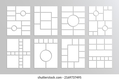 Moodboard grid examples. Photo collage templates set. Mosaic pictures frames. Mood board layout collection. Album brandboard. Gallery banner. Portfolio images. Vector illustration