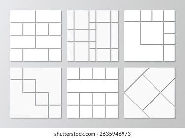 Grelha do painel de atmosfera. Layout de formulários geométricos. Conjunto de apresentação de imagens em mosaico. Modelo de colagem de fotos. Banner da galeria. Álbum com a marca. Imagens do portfólio. Fundo retrô. Ilustração vetorial