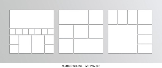 Moodboard grid layout collection. Three mosaic pictures frames set. Album brandboard. Abstract forms photo collage. Vector illustration. Mood board template. Gallery banner. Portfolio images.