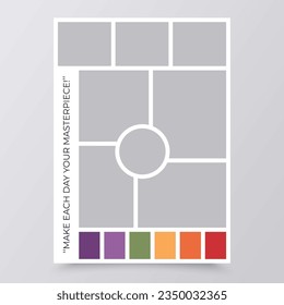 Moodboard grid. Mood board background. Collage template. Photomontage pictures layout. Album scrapbook design. Set mosaic frames. Vertical mockup with colour palette and quote. Vector illustration