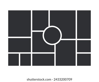 Moodboard grid. Mood board background. Collage template. Photomontage pictures layout. Album scrapbook design. Horizontal mockup with circle. Vector illustration. Set mosaic frames.