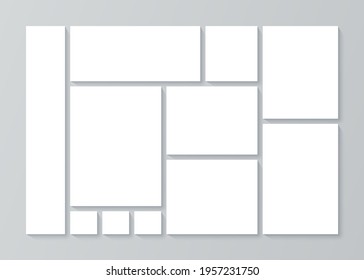 Moodboard grid. Photo collage template. Vector. Mood board design. Mosaic frame banner. Gray pictures on white background. Photography album layout.  Branding presentation.  Minimalistic illustration