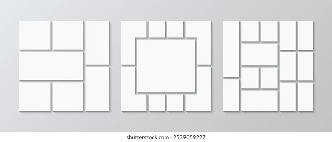 Rejilla de Moodboard. Imágenes de Cartera. Colección de Plantilla de collage de fotos. Presentación de imágenes en mosaico. Conjunto de diseño de formularios geométricos. Tablero de álbumes. Anuncio de Galería. Ilustración vectorial