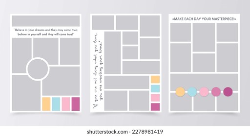 Moodboard grids. Collage template. Mood board background. Set mosaic frames. Photomontage pictures layout. Album scrapbook design. Vertical mockup with colour palette and quote. Vector illustration