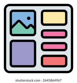 Ícone de painel de atmosfera ilustração de estilo de linha plana representando um layout visual de ideias e inspiração, adequado para planejamento de design, branding e desenvolvimento de projeto criativo