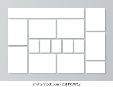 Moodboard layout. Collage template. Mood board background. Mosaic pictures album grid. Montage photo images. Photomontage frames. Horizontal gallery mockup. Poster design. Vector illustration. 