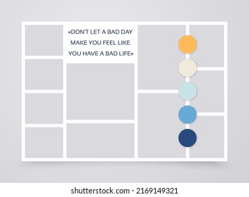 Moodboard layout. Collage template. Mood board banner. Montage photo images. Mosaic album grid. Photomontage frames with colour palette. Horizontal design gallery mockup. Vector illustration.