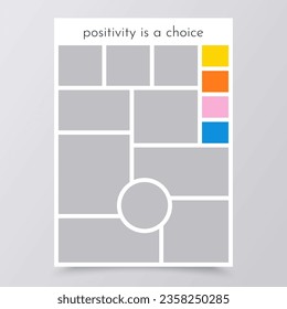 Moodboard layout. Collage template. Mood board background. Montage photo images. Mosaic pictures album grid. Vertical poster design. Photomontage frames with colour palette. Vector illustration.
