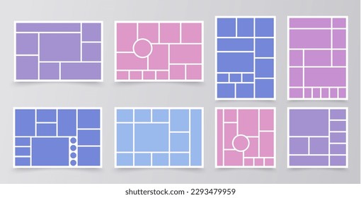 Moodboard layout. Collage templates. Mood board banner. Montage photo images. Mosaic album grids. Photomontage frames. Scrapbook design gallery mockup. Vector simple illustration. 