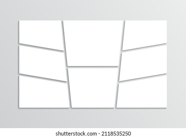 Moodboard layout. Photo collage template. Mood board grid. Mosaic pictures frame. Album brandboard. Retro gallery banner. White portfolio images isolated on gray background. Vector illustration