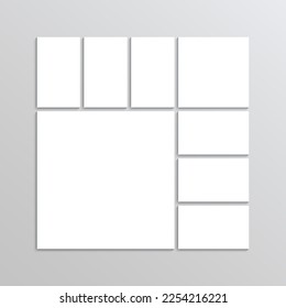 Moodboard layout. Retro album brandboard. Empty gallery banner. Photo collage template. Mood board grid. Mosaic pictures frame. Portfolio images. Scrapbook background. Vector illustration