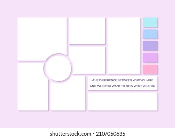 Moodboard template. Collage grid. Mood board background with colour palette and quote. Mosaic frames. Photomontage pictures layout. Poster design. Horizontal mockup. Vector illustration.  