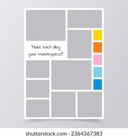 Moodboard template. Collage grid. Mood board banner. Montage photo image. Mosaic pictures album layout. Photomontage frames with circle, colour palette, quote. Modern presentation. Vector illustration