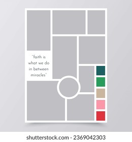Plantilla de Moodboard. Cuadrícula de grupo. Fondo del tablero de humor. Diseño de imágenes de fotomontaje. Marco de mosaico moderno. Diseño del álbum con paleta de colores y comillas. Presentación vertical. Ilustración vectorial.