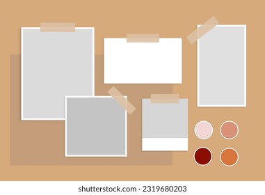 Moodboard template design. Sticky note college collection. Photo frame mockup, reminder card, office memo, note pin, presentation. Vector illustration