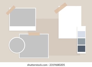 Moodboard template design. Sticky note college collection. Photo frame mockup, reminder card, office memo, note pin, presentation. Vector illustration