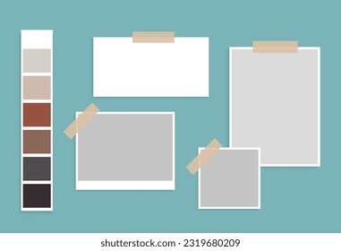 Moodboard template design. Sticky note college collection. Photo frame mockup, reminder card, office memo, note pin, presentation. Vector illustration