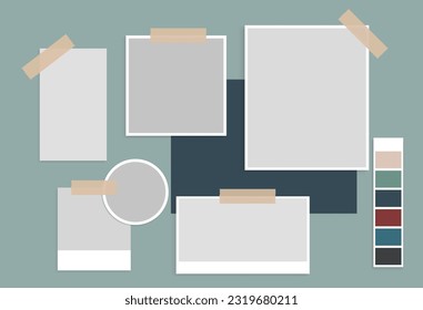 Moodboard template design. Sticky note college collection. Photo frame mockup, reminder card, office memo, note pin, presentation. Vector illustration