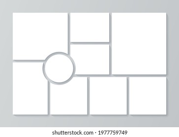 Moodboard template. Photo collage layout. Vector. Picture grid. Mood board background. Mosaic photo frames. Photography album with circle. Horizontal mockup of banner. Simple illustration  