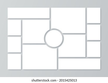 Plantilla de Moodboard. Diseño del collage de fotos. Fondo del tablero de humor. Montaje de mosaicos. Las imágenes de álbumes paran en círculo. Diseño de afiches. Marcos de fotomontaje. Burla horizontal. Ilustración vectorial. 