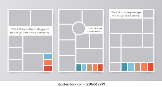 Moodboard template. Photo collage layout. Mosaic pictures album grid. Mood board background. Set photomontage frames. Scrapbook images. Poster design with colour palette and quote. Vector illustration
