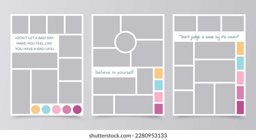 Moodboard template. Photo collage layout. Mood board background. Mosaic pictures album grid. Set photomontage frames. Scrapbook images. Poster design with colour palette and quote. Vector illustration