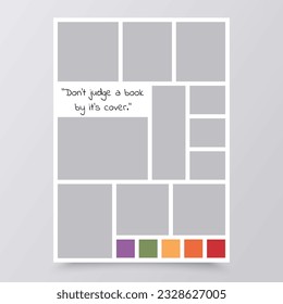 Moodboard template. Photo collage layout. Mood board background. Pictures album grid. Scrapbook mosaic images. Photomontage frames. Poster design with colour palette and quote. Vector illustration