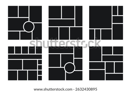 Moodboard template. Photo collage layout. Mosaic pictures album grid. Mood board background. Square scrapbook image. Set poster designs. Photomontage of frames. Social media layout Vector illustration