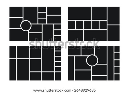 Moodboard template. Photo collage layout. Mood board background. Set scrapbook images. Mosaic pictures album grid. Photomontage frames. Horizontal poster design. Vector illustration