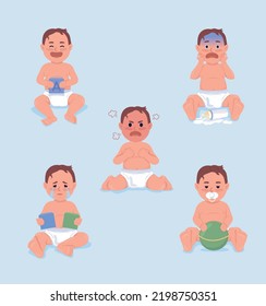 Moods of baby boy semi flat color vector characters set. Editable figure. Full body people expressions. Simple cartoon style illustration for web graphic design and animation pack. Quicksand font used