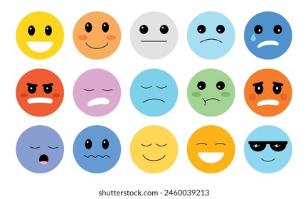 Moods and emotion faces illustration set. Cute cartoon style design of various character emoticons. Flat vector style emotes collection.