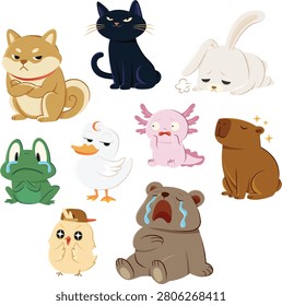 Moody Animals character sticker pack with 9 flat vector cartoon characters each expressing a different emotion, including a pouting Shiba Inu, smug black cat, exhausted bunny, crying frog, smug duck, scared axolotl, proud capybara, anxious hedgehog, miserable bear, and starry-eyed chick
