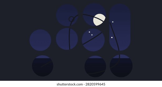 A moody and atmospheric illustration representing a dark night sky filled with geometric circles and pill shapes. A glowing white moon is featured alongside thin lines evoking a sense of space and nocturnal wonder in a minimalist style.