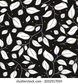 Moody black and white leaves pattern with yellow dots. Luxurious seamless vector pattern. Yellow abstract polka dots give this design a vibrant and festive feel.