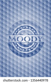 Moody blue badge with geometric pattern background.