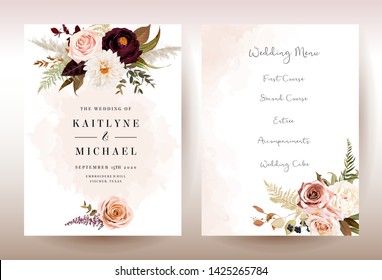 Moody boho chic wedding vector bouquet cards. Warm fall and winter tones. Orange red, taupe, burgundy, brown, cream, gold, beige, sepia autumn colors. Rose flowers, dahlia, ranunculus, pampas grass