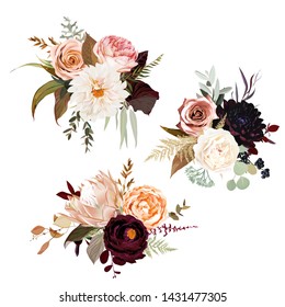 Moody Boho Chic Wedding Vector Bouquets. Warm Fall And Winter Tones. Orange Red, Taupe, Burgundy, Brown, Cream, Gold, Beige, Sepia Autumn Colors. Rose Flowers, Dahlia, Ranunculus, Pampas Grass, Protea