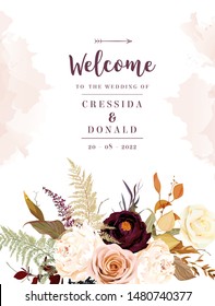 Moody boho chic wedding vector design frame. Warm fall and winter tones. Orange, taupe, burgundy, brown, cream, gold, beige, sepia autumn colors. Rose flowers, peony,ranunculus, pampas grass, fern