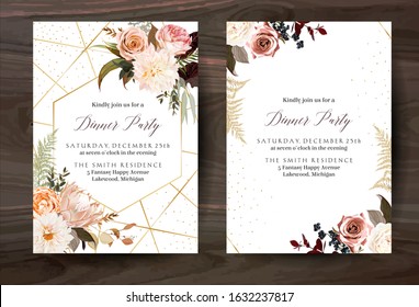 Moody Boho Chic Wedding Vector Bouquet Cards. Fall And Winter Tones. Orange Red, Taupe, Burgundy, Brown, Cream, Gold, Beige, Sepia Autumn Colors. Rose Flowers, Dahlia, Protea, Ranunculus, Pampas Grass